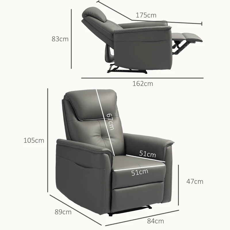 HOMCOM Fauteuil inclinable avec siège à ressorts ensachés et repose-pieds réglable, poches latérales, pour salon, chambre à coucher, Gris clair