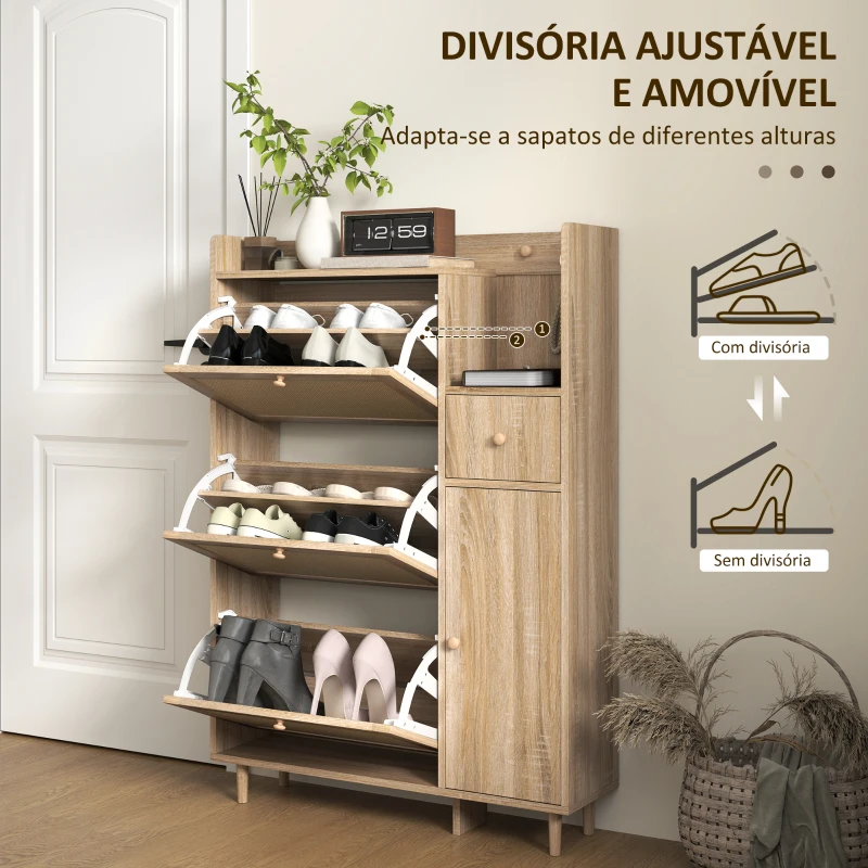 HOMCOM Móvel Sapateira com 3 Gavetas com Frente em Vime para 12 Pares de Sapatos Prateleiras Ajustáveis 80x23x120 cm Carvalho