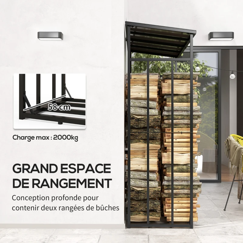 Outsunny Abri-bûches range-bûche extérieur charge maximale 2000 kg avec housse de protection imperméable 185 x 62 x 184 cm noir