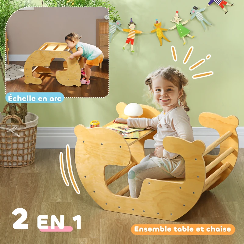 AIYAPLAY Arche d'escalade pour enfants, table à jouets pour enfants 18-48 mois, design 2 en 1, charge max. 50 kg, bois naturel