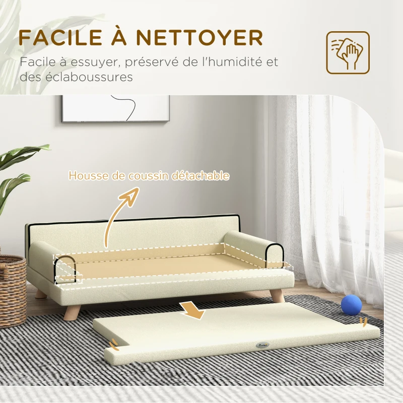 PawHut Canapé pour chien chat design scandinave coussin moelleux amovible pieds bois massif 100 x 62 x 32 cm beige