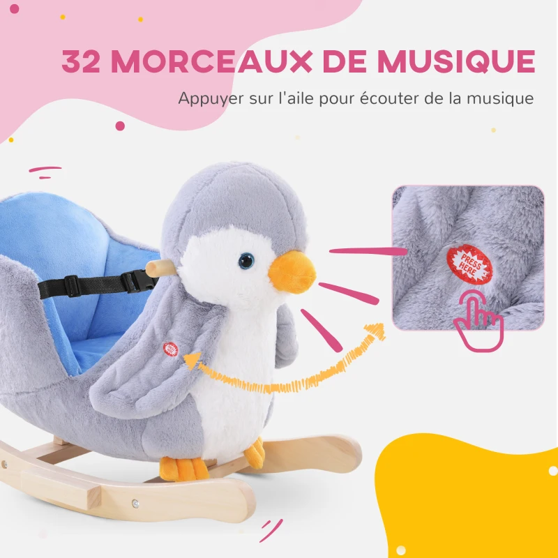 HOMCOM Pingouin à bascule cheval à bascule pour enfants +18 mois avec musique, poignées et ceinture de sécurité Gris