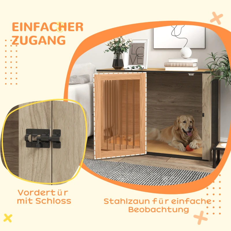 PawHut Hundebox, Haustierbox für große Hunde, Hundehütte, Indoor, 106 x 60 x 76 cm, Eiche(m-5)