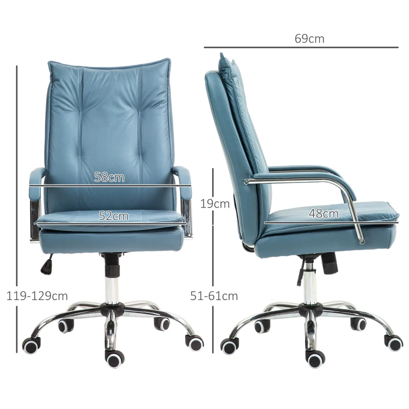 HOMCOM Chaise de bureau fauteuil de bureau hauteur réglable, dossier haut inclinable, accoudoirs et roulettes, bleu