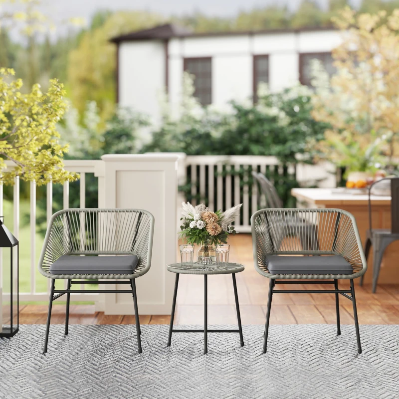 Outsunny 3 Pieces Rattan Bistro Set, Wicker Small Garden Table and Chairs Set with Cushions and Glass Top Coffee Table, Bistro Garden Furniture Set for Outdoor, Patio, Balcony, Light Grey