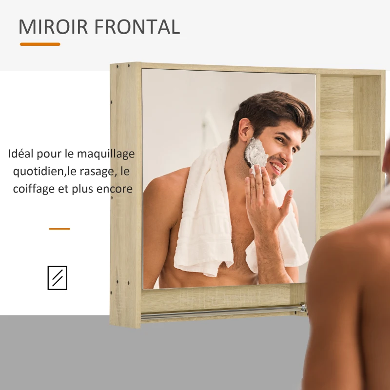 kleankin Meuble salle de bain avec miroir, armoire murale avec porte-serviettes, 3 niches, placard et étagère réglable, naturel