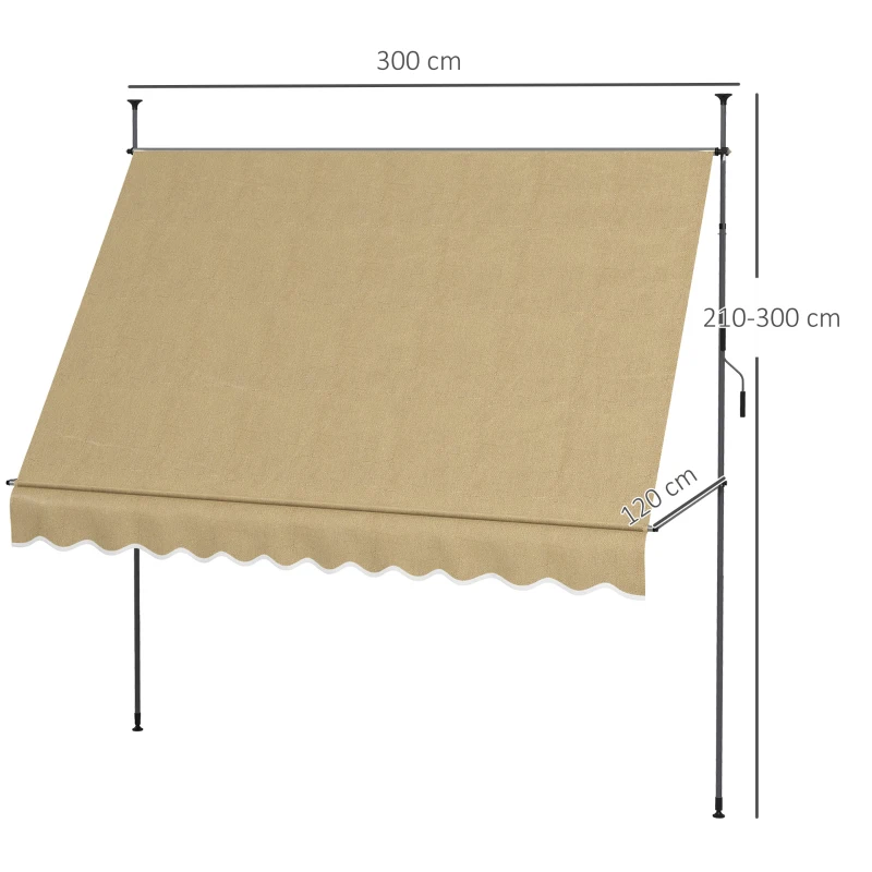 Outsunny Toldo Manual Retrátil com Manivela 300x120x210-300 cm com Altura Ajustável Impermeável para Jardim Varanda Bege