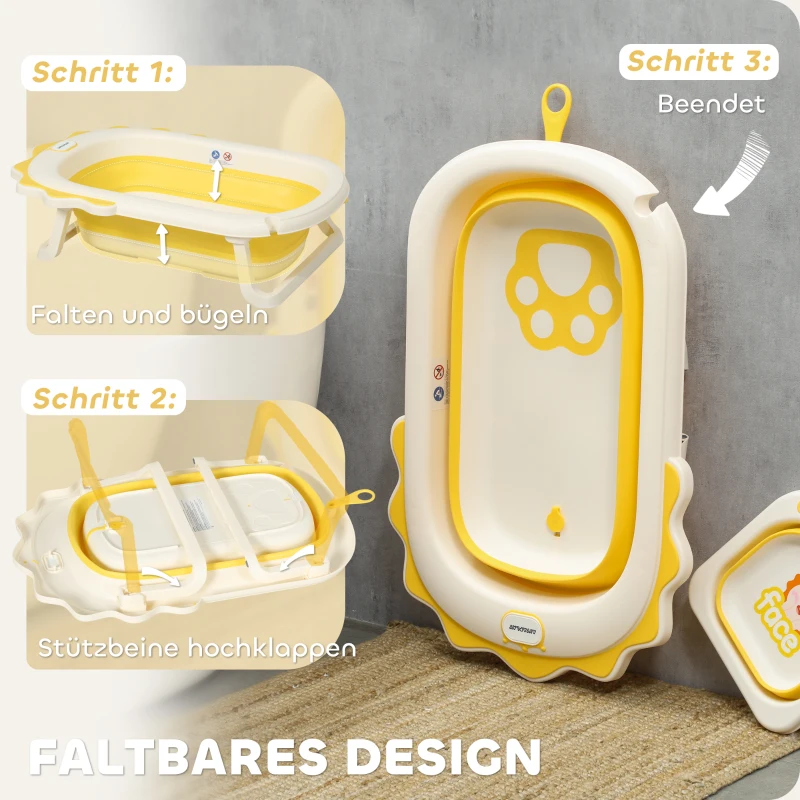 AIYAPLAY Babybadewanne mit Waschbecken, faltbar, rutschfester Boden, komfortables Badekissen, Gelb