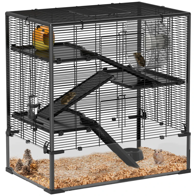 PawHut Cage pour hamster avec fond en verre, cage pour hamsters nains à quatre niveaux avec cabane et accessoires, 78,5L x 48,5l x 80H cm, Noir