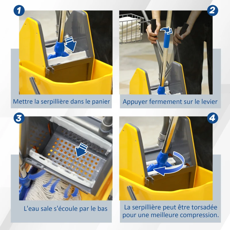 HOMCOM Chariot de lavage chariot de ménage professionnel presse à mâchoire seau 26 L + panier de rangements jaune