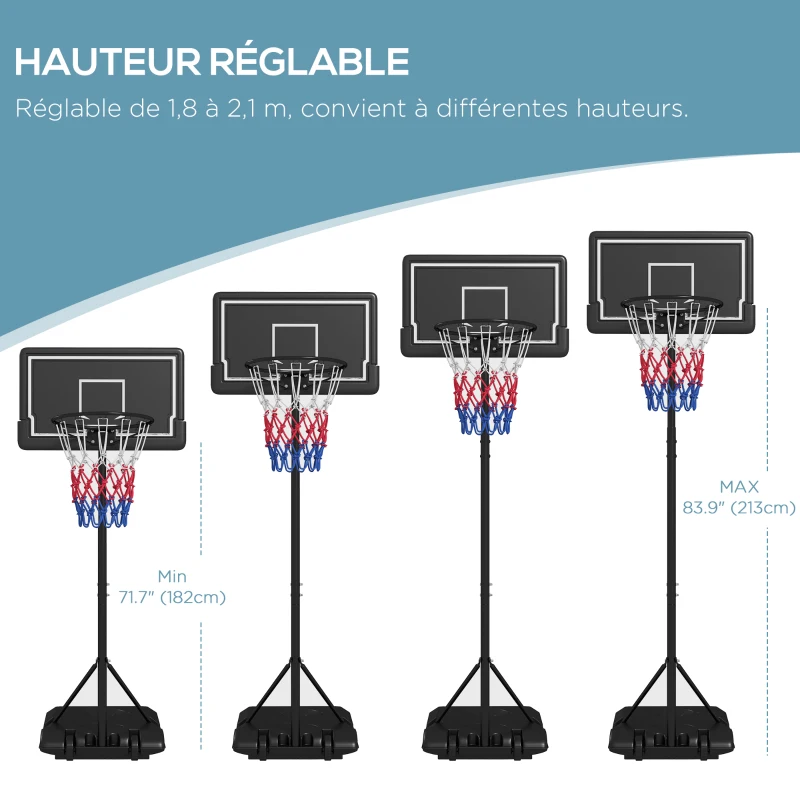 SPORTNOW Panier de basket extérieur hauteur ajustables 182-213/220-250 cm panier de basket sur pied à roulettes noir