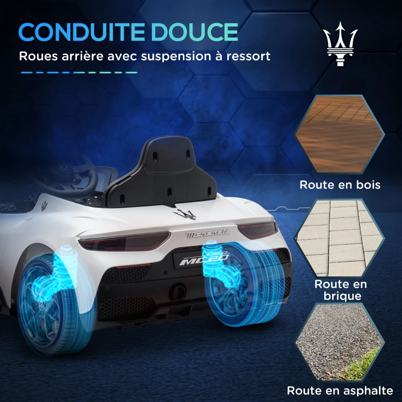 AIYAPLAY Voiture électrique pour enfants sous licence Maserati MC20 12V, Télécommande, LED, Musique et Klaxon, 3 à 6 Ans, blanc