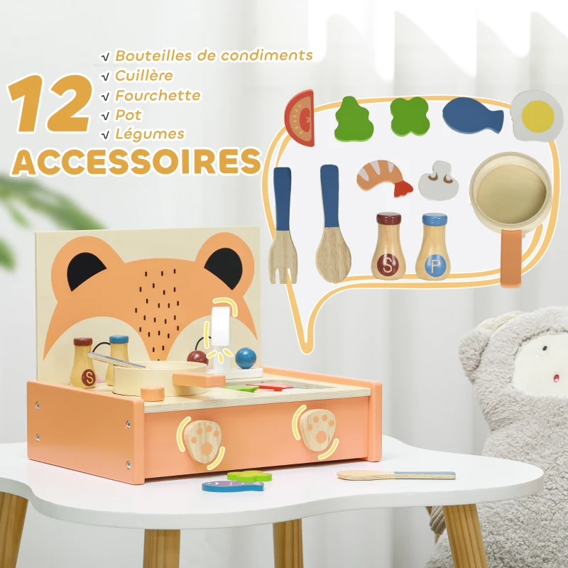 AIYAPLAY Mini-cuisine en bois jouet enfant avec 12 accessoires poêle spatule condiments fruits légumes - pour 3-5 ans -
