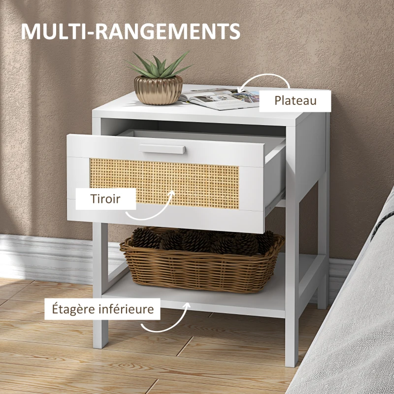 HOMCOM Table de chevet table de nuit avec tiroir et étagère, cannage en rotin, dim. 40L x 40l x 48H cm blanc