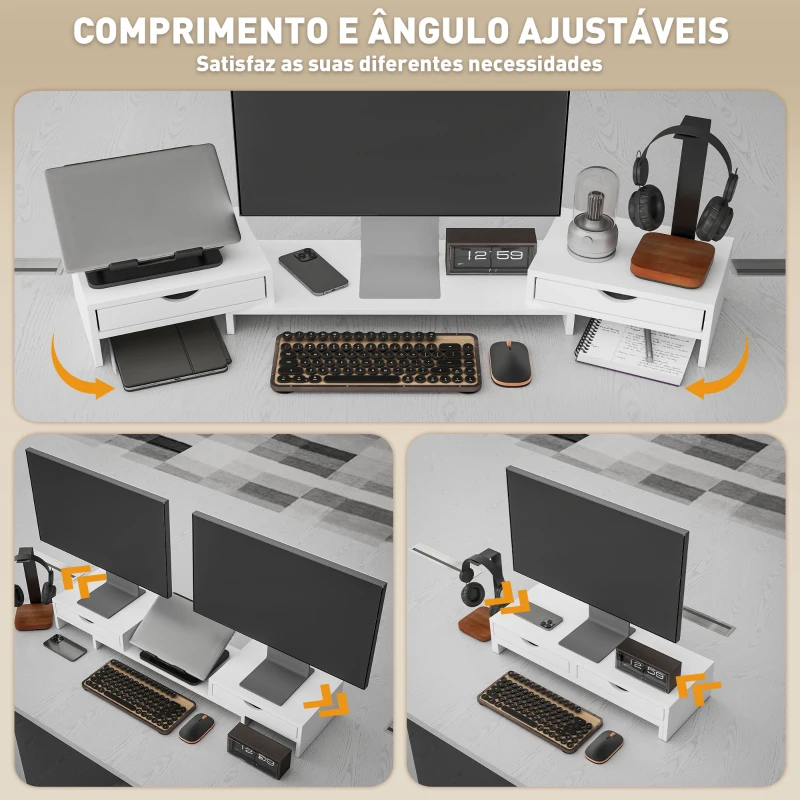 HOMCOM Suporte para Monitor com Ângulo e Comprimento Ajustável e 2 Gavetas para Escritório 60-116x22x12 cm Branco