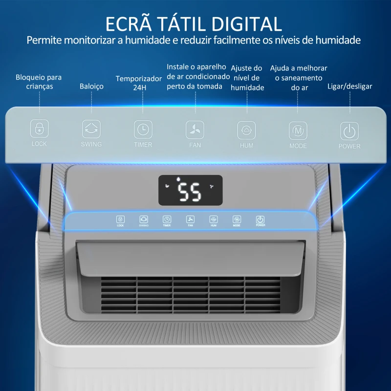 HOMCOM Desumidificador 35L/dia Depósito 5,5L com Ecrã LED Temporizador 24H Bloqueio Infantil até 40-100㎡ 35,5x28x52,2 cm Branco