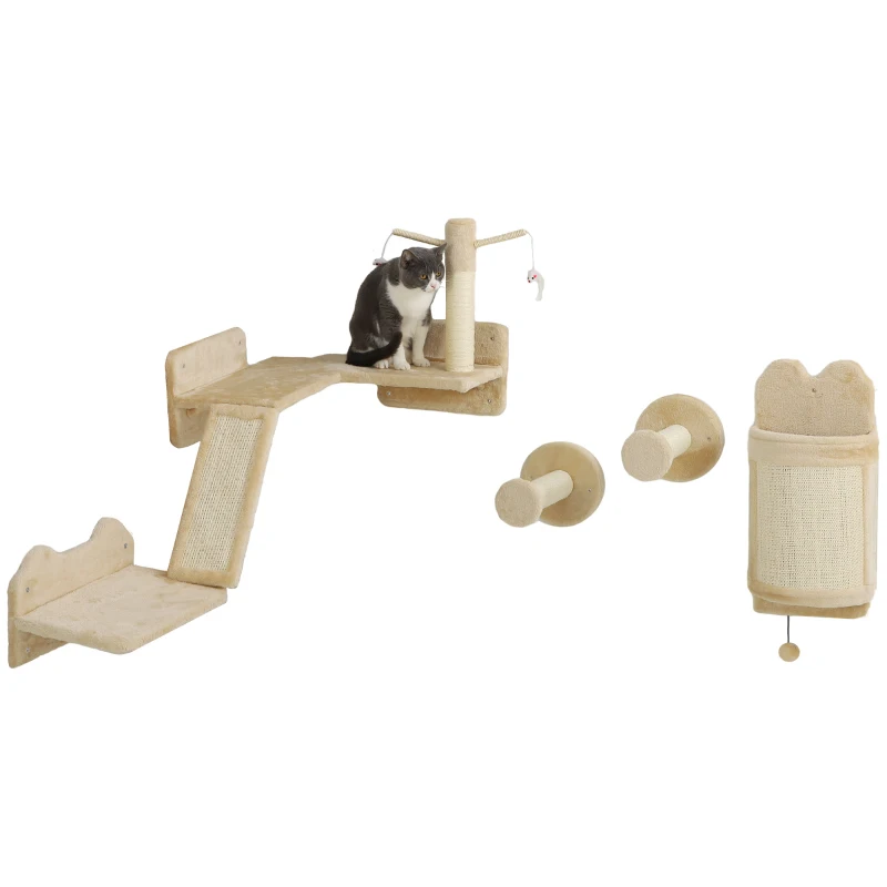 PawHut Katzen-Wandregale, Wandmöbelset für Katzen, 4-teiliges Set, mit Teasern, Spielzeugball, beige