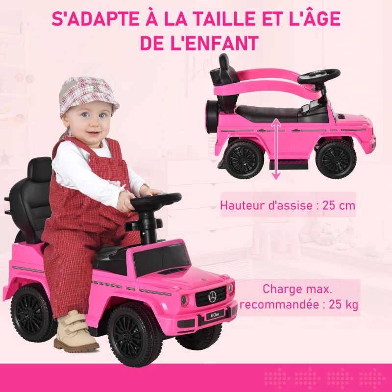 HOMCOM Porteur Enfants Voiture Enfant Multi-équipée 12-36 Mois klaxon Marche-Pieds, Garde-Corps et ombrelle Rose