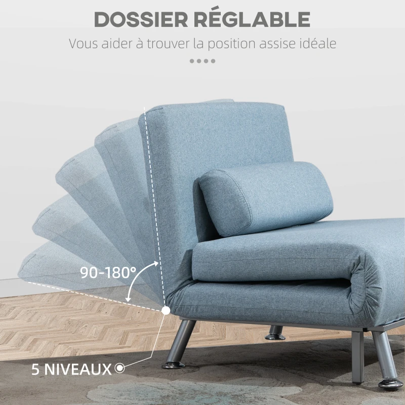 HOMCOM Fauteuil convertible 3 en 1 chauffeuse lit 1 place avec coussin bleu