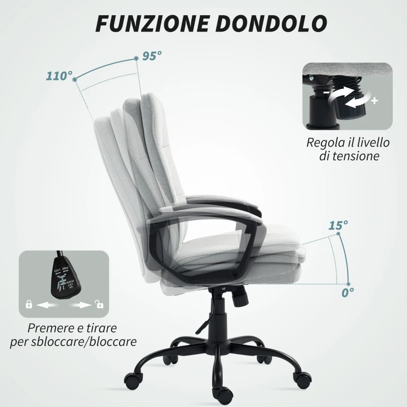 HOMCOM Sedia da Ufficio Ergonomica con Schienale Alto, Altezza Regolabile e Dondolo, Grigio