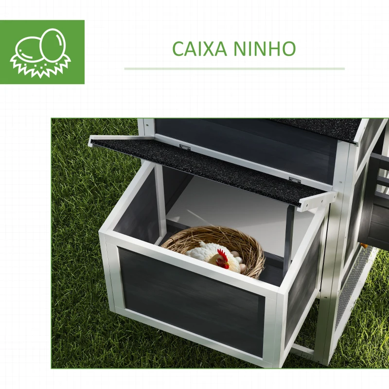 PawHut Galinheiro de Madeira 297,5x68x118cm para 3-6 Galinhas com Teto Asfáltico Porta com Trava e Caixa Ninho Branco e Cinza