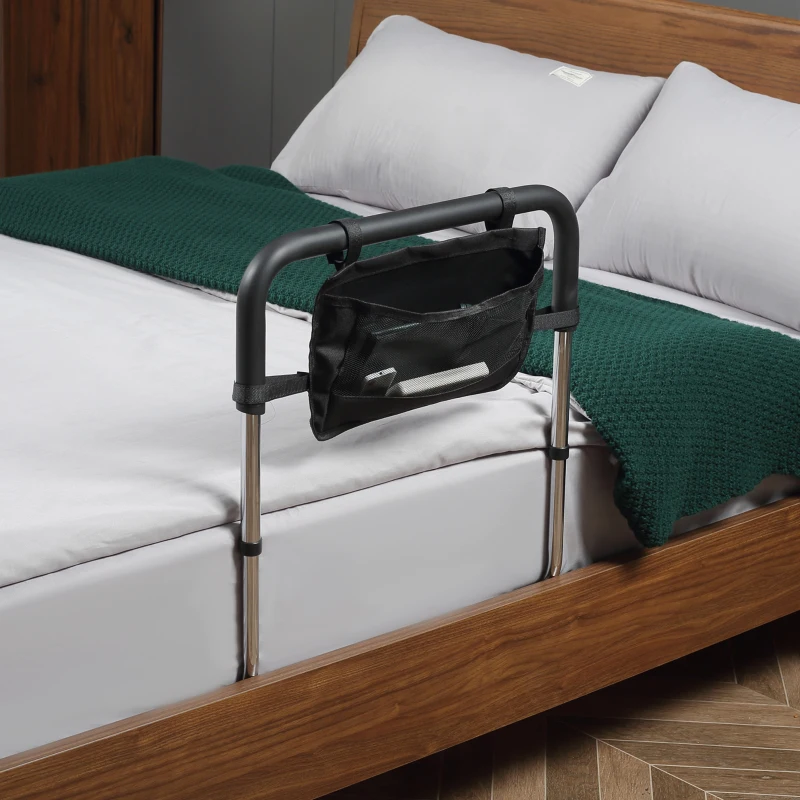 HOMCOM Barre d'appui lit barrière sécurisée protection poignée réglable 5 hauteurs pochette rangement 87Lx51,5lx45-55H cm