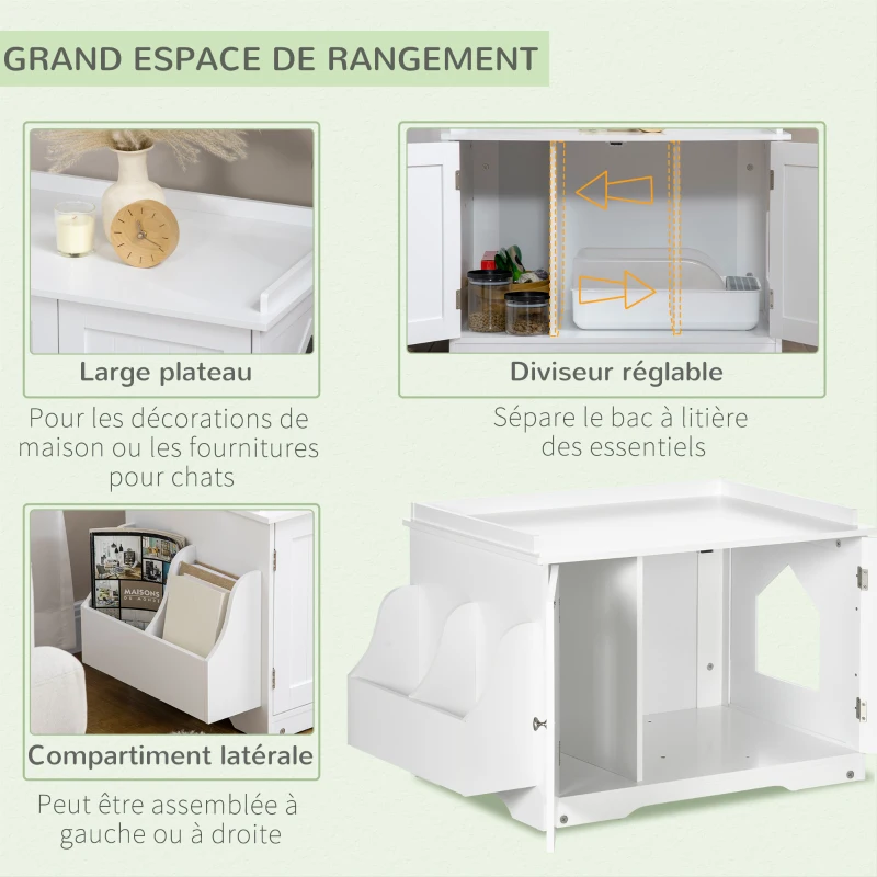 PawHut Maison de toilette pour chat design meuble cache litière 2 en 1 table d'appoint 2 portes avec cloison amovible blanc