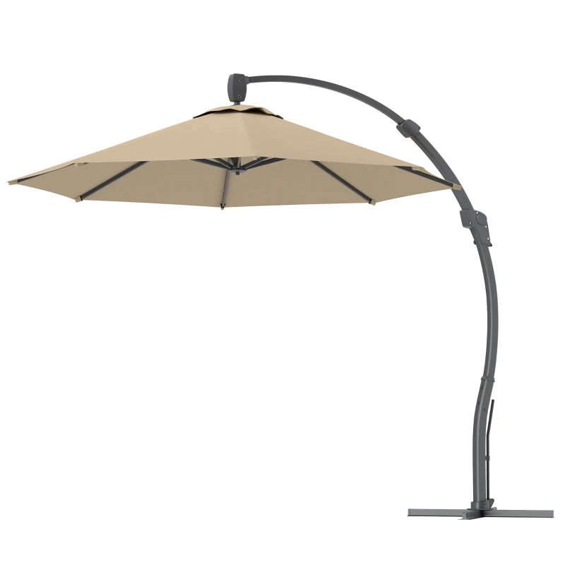 Outsunny 3(m) Garden Cantilever Parasol, Round Overhanging Umbrella with Crank Handle, Cross Base, Aluminium Frame and 360° Rotation, Banana Patio Umbrella for Outdoor Sun Shade, Khaki
