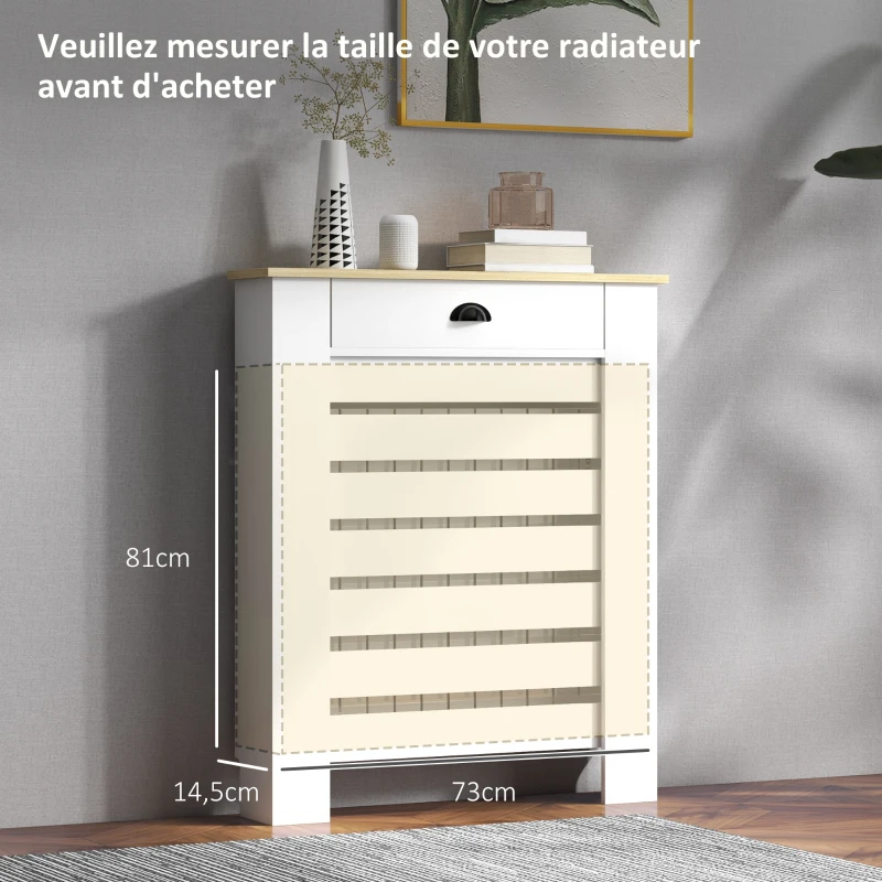 HOMCOM Couvercle de radiateur cache radiateur grille à lattes horizontales avec 2 tiroirs en bois 78l x 19P x 95,5H cm blanc
