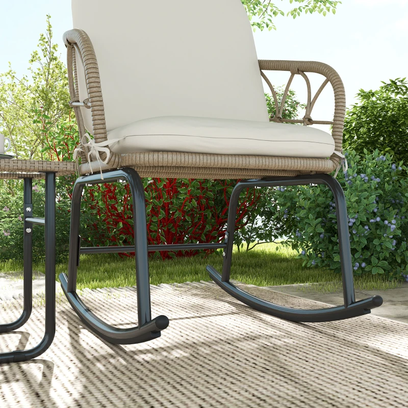 Outsunny Conjunto de Muebles de Ratán de 3 Piezas con 1 Mesa de Centro 2 Mecedoras y Cojines para Jardín Crema y Beige