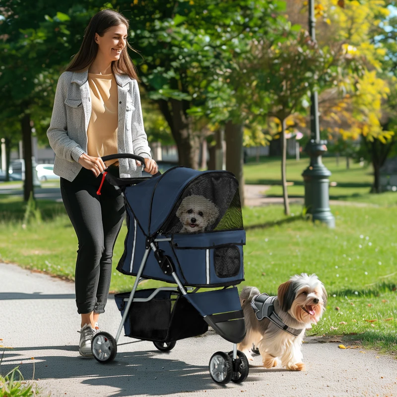 PawHut Hundekinderwagen zusammenklappbarer Buggy faltbarer Wagen für Hunde und Katzen Getränkehalter 600D Oxford Stoff Stahl 75 x 45 x 97 cm Dunkelblau