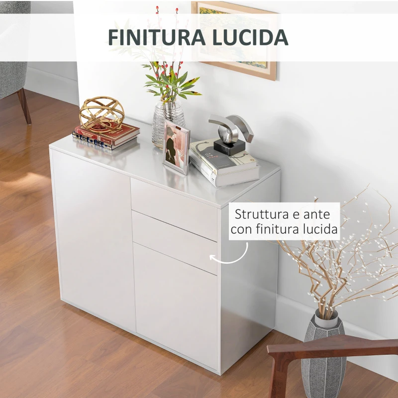 HOMCOM Credenza Moderna con 2 Armadietti e 2 Cassetti con Apertura a Pressione, 79x36x74cm, Bianco Lucido