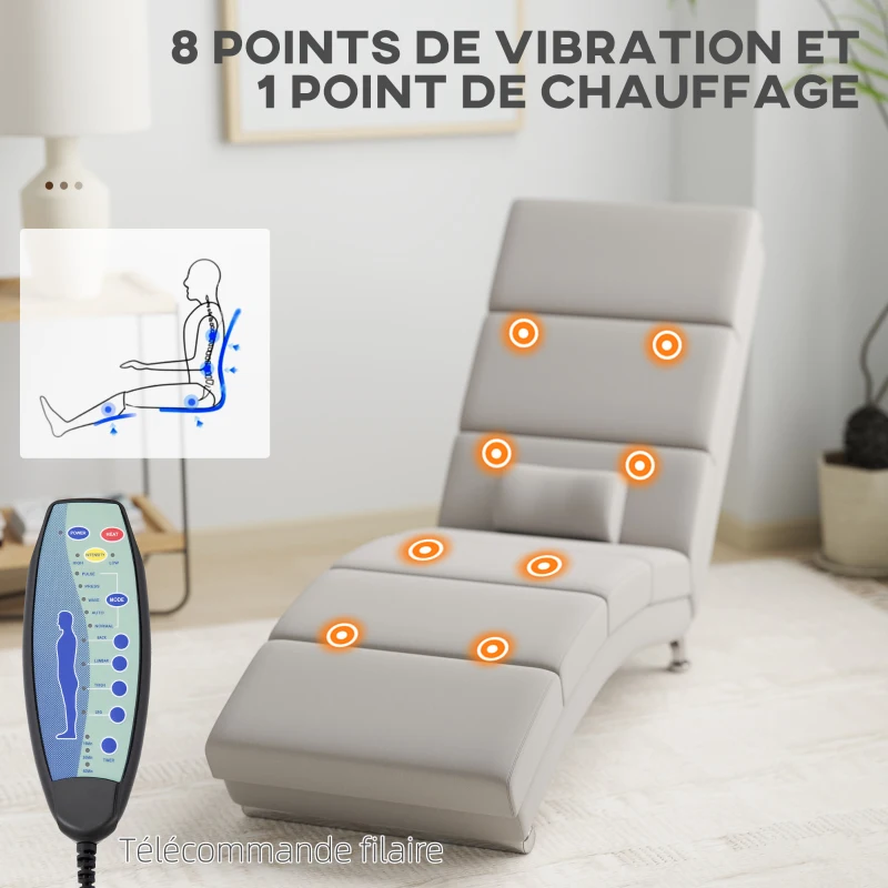 HOMCOM Fauteuil relax salon fauteuil de massage et chauffage meridienne avec télécommande et oreiller, tissu effet lin, crème