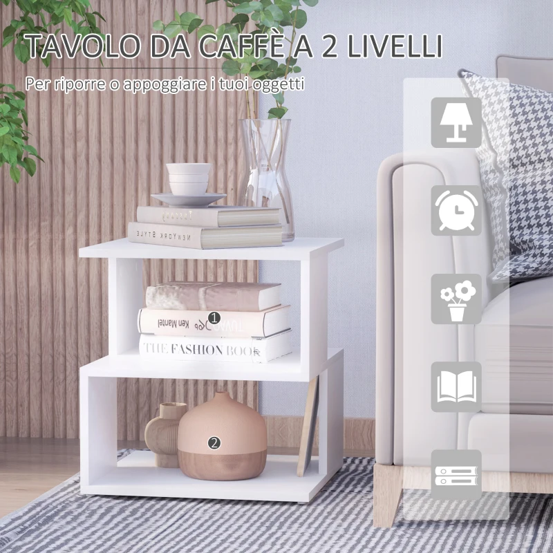HOMCOM Tavolino da Caffè di Design, Tavolino da Salotto Bianco, 2 Ripiani Aperti, Design Moderno, Tavolino da Salotto e Soggiorno, Legno, 40x40x43cm, Bianco