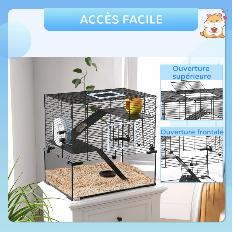 PawHut Cage hamster cage rongeur 3 niveaux avec roue rampes maisonnette abreuvoir mangeoire 60L x 40l x 54,5H cm noir
