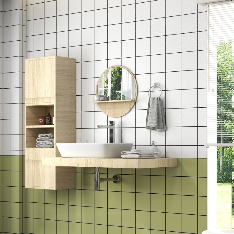 kleankin Miroir rond mural de salle de bain avec 1 étagère de rangement - Ø 45 x 10H cm - panneau de particules