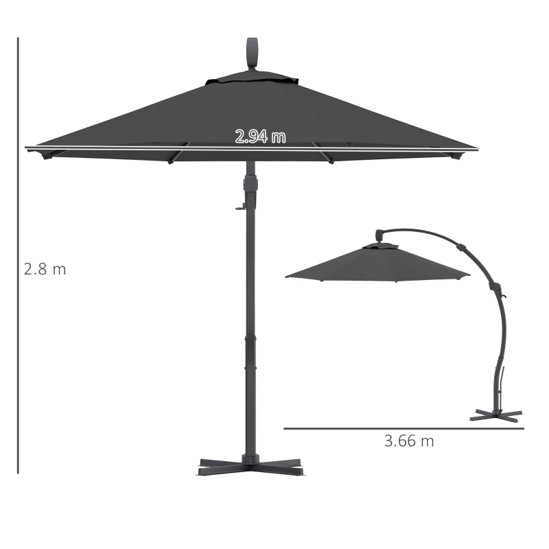 Outsunny 3(m) Garden Cantilever Parasol, Round Overhanging Umbrella with Crank Handle, Cross Base, Aluminium Frame and 360° Rotation, Banana Patio Umbrella for Outdoor Sun Shade, Grey