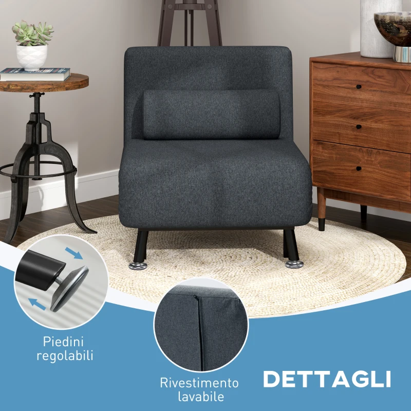 HOMCOM Poltrona Letto 3 in 1 con Schienale Regolabile e Cuscino, in Tessuto Effetto Lino e Acciaio, Grigio Scuro