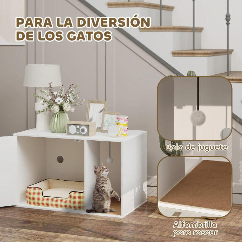 PawHut Mueble Arenero para Gatos Arenero para Gatos con Almohadilla para Rascar y Puerta de Ratán 80x50x50 cm Blanco