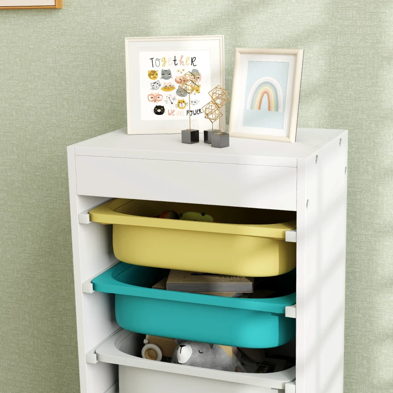 AIYAPLAY Meuble de rangement pour enfant, rangement jouets enfant, avec 4 boîte de rangement, 40,8L x 30l x 90,3H cm, blanc