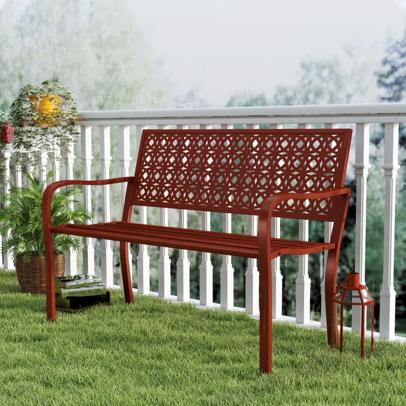 Outsunny Außenbank, Gartenbank aus Stahl, Ausgeschnittene Rückenlehne, Armlehnen, für 2 Personen, Rot