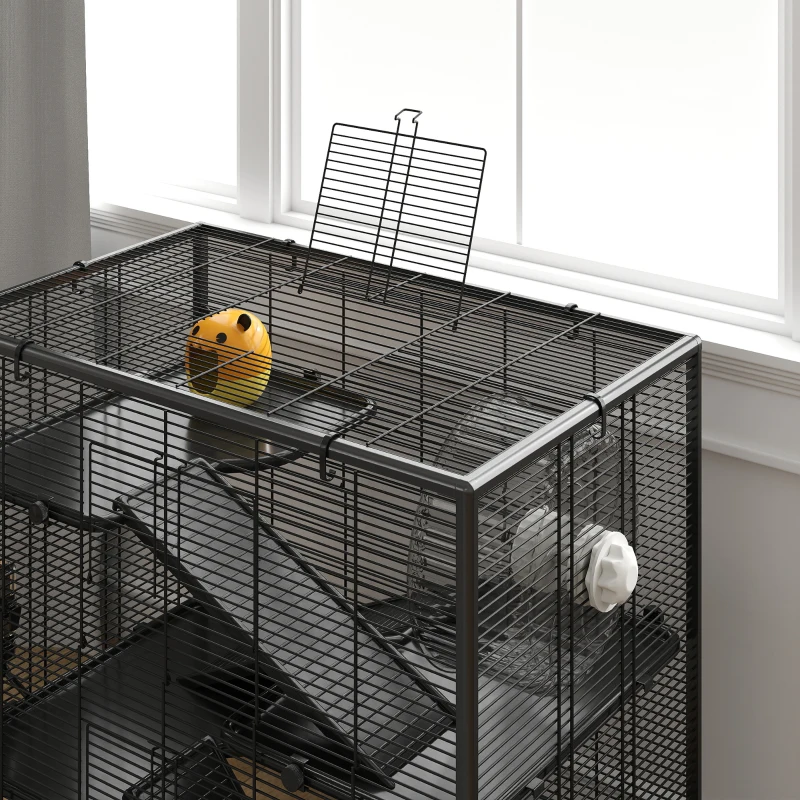 PawHut Cage pour hamster avec fond en verre, cage pour hamsters nains à quatre niveaux avec cabane et accessoires, 78,5L x 48,5l x 80H cm, Noir