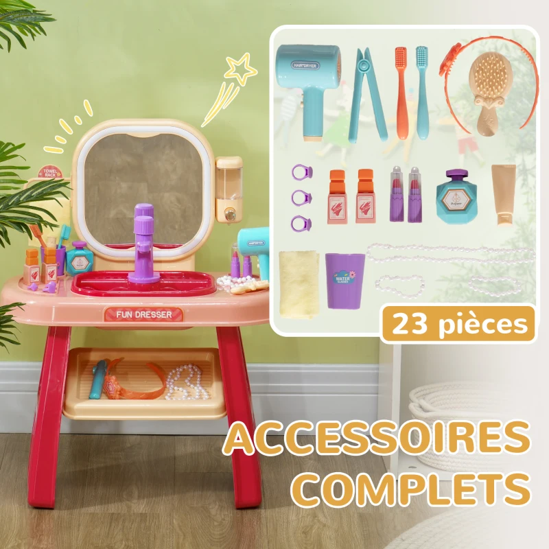 AIYAPLAY Coiffeuse pour enfants 23 PCS, table de maquillage avec miroir, lumière LED et musique, pour enfants de 3 à 6 ans, rose