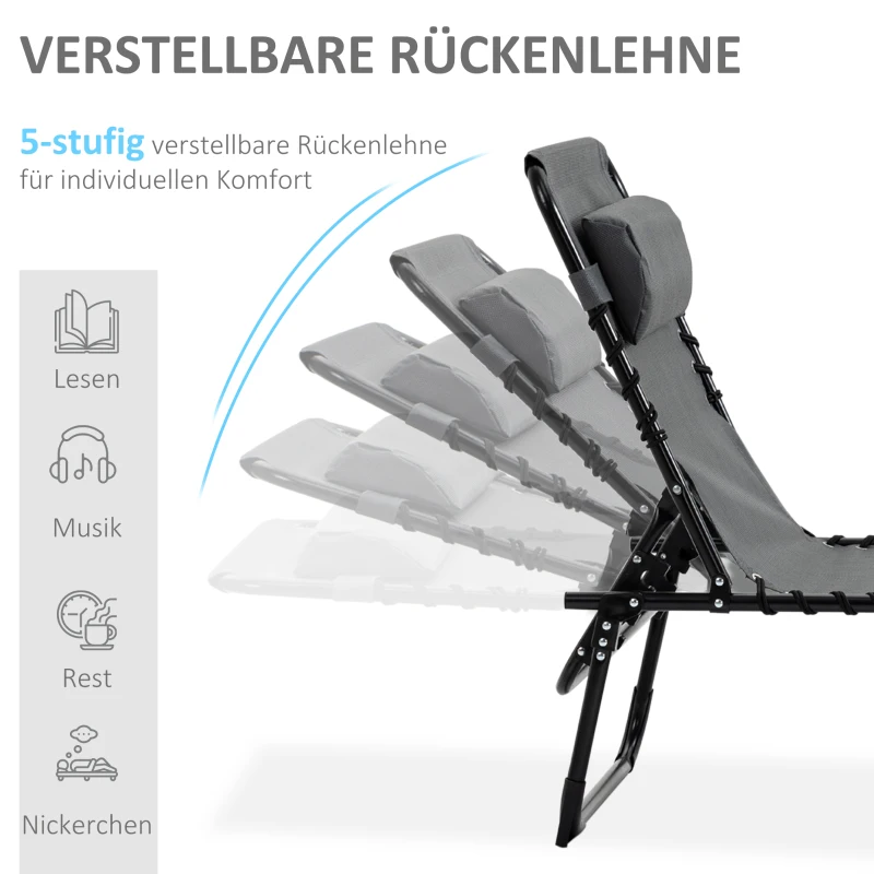 Outsunny Liegestuhl, Zusammenklappbare Liege mit Nackenkissen, Stahlrahmen, Netzstoffbezug, 120 kg Belastbarkeit, Grau