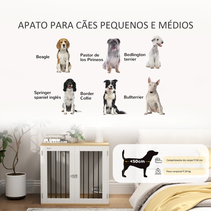 PawHut Gaiola para Cães 2 em 1 Mesa Auxiliar com 2 Portas com Trava Comedouro Giratório de 360° 2 Tigelas 80x55x71,5 cm Branco