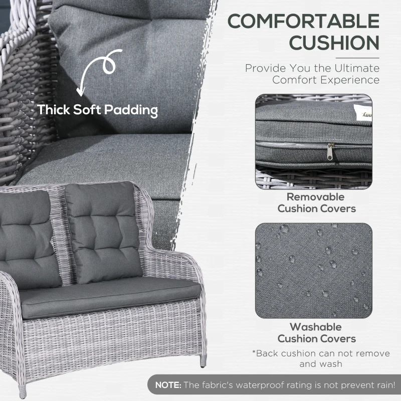 Outsunny Garden PE Rattan Dining Sofa Set, Outdoor 4 Seater Wicker Furniture, High Back Chairs with Cushions, Tempered Glass Coffee Table for Patio, Mixed Grey