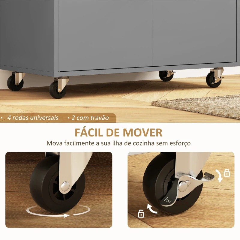 HOMCOM Ilha de Cozinha com Rodas com Lateral Dobrável Gaveta Suporte para Temperos e Prateleira Ajustável 106x42x87 cm Cinza e Carvalho