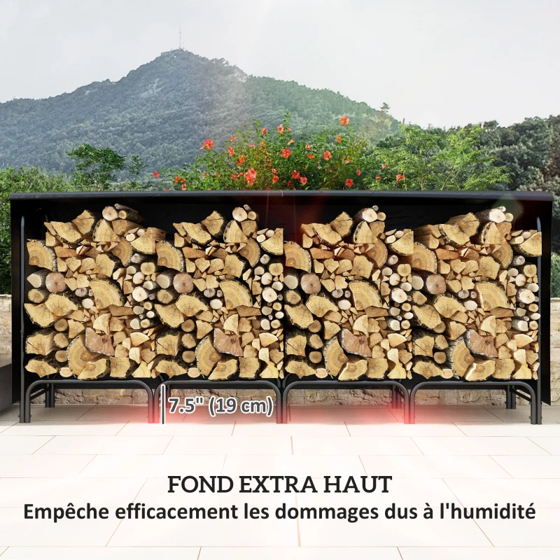 Outsunny Abri bûches, range-bûches, avec sac de transport en toile, housse en Oxford 600D,   240l x 36P x 99H cm, métal, noir