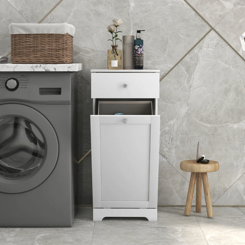 HOMCOM Meuble de salle de bain avec panier à linge, meuble de rangement avec tiroir - 40L x 40l x 90,5H cm - blanc