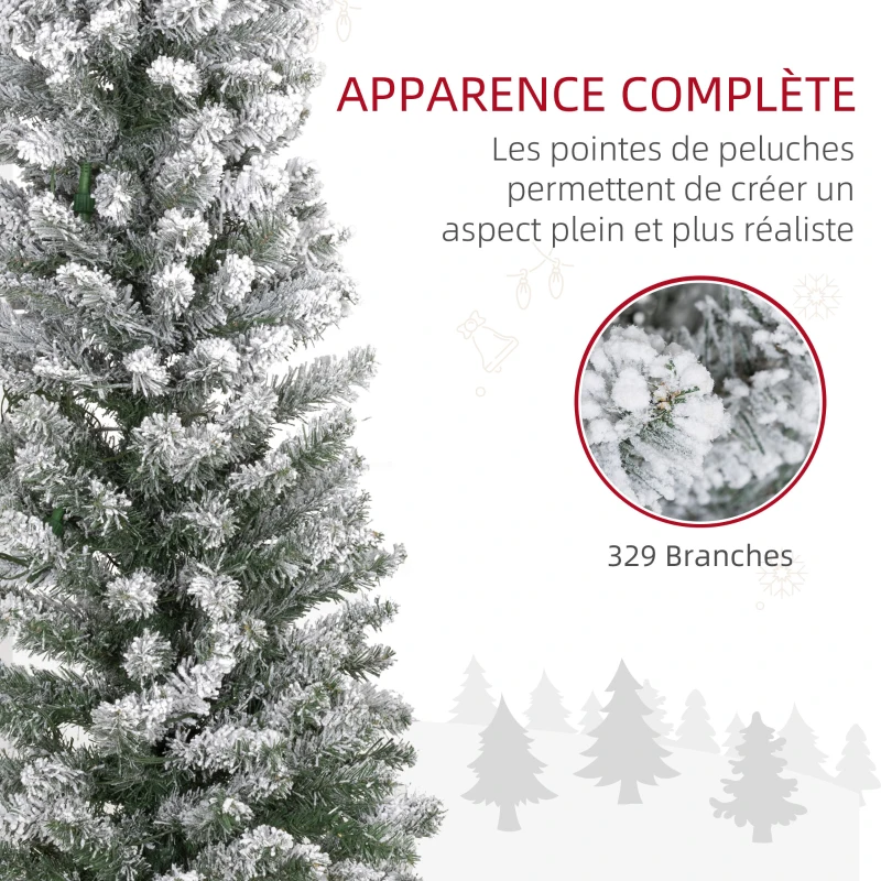 HOMCOM Sapin de Noël artificiel 180 cm avec éclairage LED blanc chaud, 329 branches enneigées, base en métal, réaliste et fin